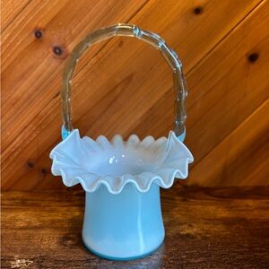 Fenton Blue and White Glass Basket with Ruffled Edge